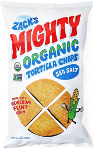 A bag of Zack's Mighty organic tortilla chips